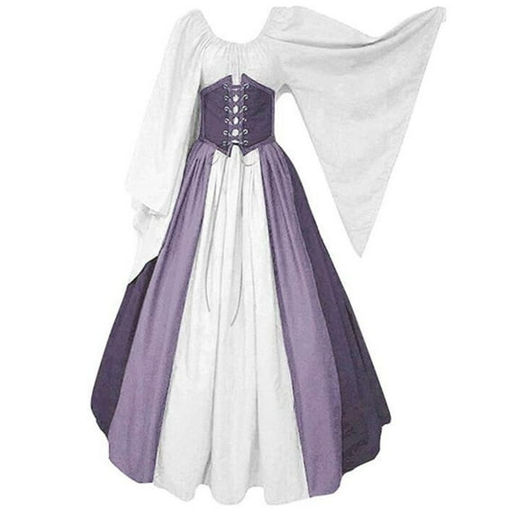 Medieval Renaissance Flared Sleeve Round Neck Drawstring Corset Pleated Vintage Dresses Goth Court Style Midi Dress Women