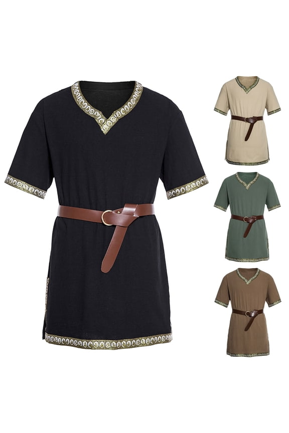 Renaissance Short Sleeve Slub T Shirt Knight Viking Tunic Tops Scottish Warrior Halloween Shirts Green XL