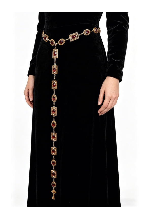 Medieval Renaissance Waist Chain Belt for Women, Vintage Gothic Metal Belt for Cosplay LARP & Renaissance Faire(Red)