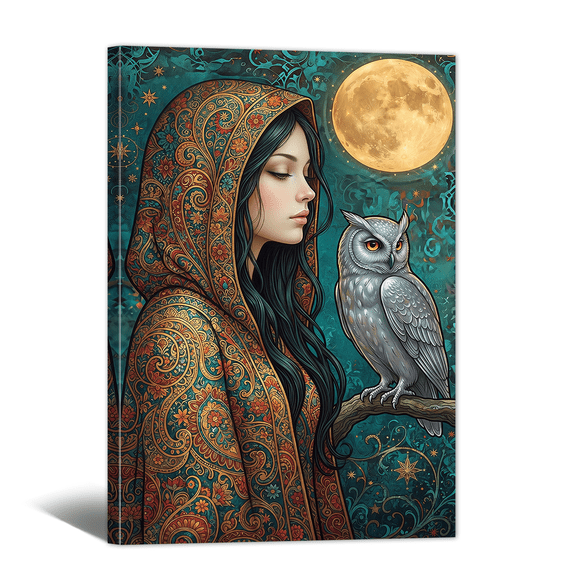 Medieval Retro Canvas Wall Art Abstract Moonlit Lady Owl Picture Print, Vintage Bohemian Woman Artwork Painting for Living Room Bedroom Home Office Decor