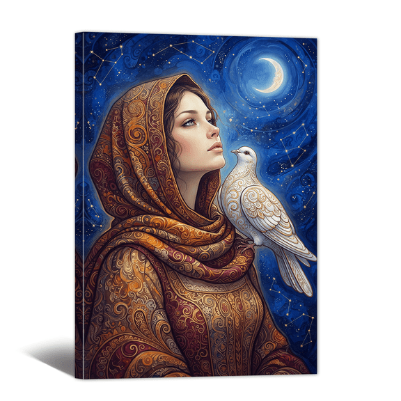 Medieval Retro Canvas Wall Art Abstract Moonlit Lady Pigeon Picture Print, Vintage Bohemian Woman Artwork Painting for Living Room Bedroom Home Office Decor