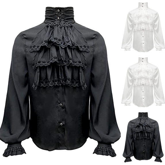 Retro Dress Shirt for Men Pirate Renaissance Victorian Long Sleeve Button Down Shirt Black S