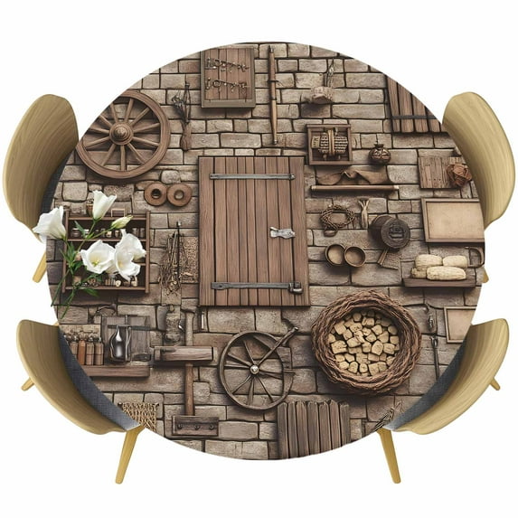 Medieval Round Tablecloth 45-54 Inch Round Fitted Table Cloth with Elastic Edge, Rustic Weathered Grunge Cottage Scene Wooden Waterproof Table Cover Protector for Outdoor Picnic Party Dining