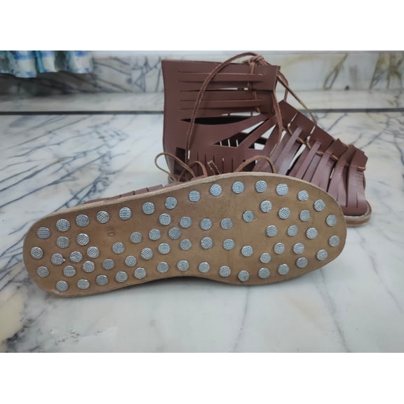 Medieval Sandals Shoes Handcrafted Leather Roman Style, Lace-Up, Pointed Toe, Brown US 08