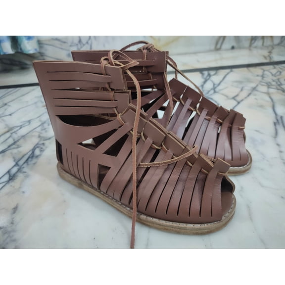 Medieval  Sandals Shoes Handcrafted Leather Roman Style, Lace-Up, Pointed Toe, Brown US 10