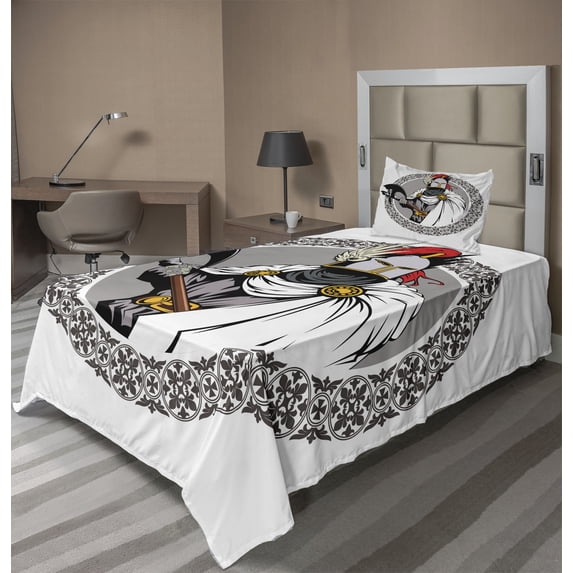Ambesonne Medieval Fitted & Top Sheet Set with Sham, Knight Heroic Armour, Multicolor