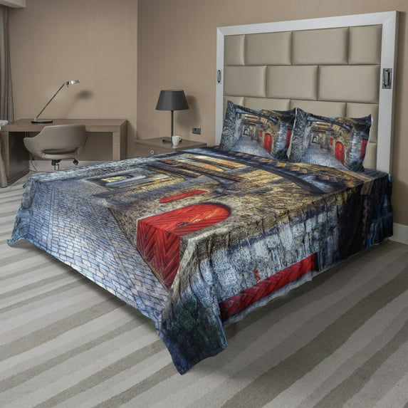 Ambesonne Medieval Fitted & Top Sheet Set with Shams, Old Stone House Town, Grey Red Brown