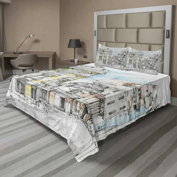 Ambesonne Medieval Fitted & Top Sheet Set with Shams, European City Sketch, Multicolor