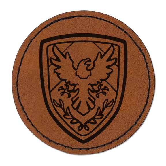 Medieval Shield Eagle Emblem Round Iron-On Engraved Faux Leather Patch Applique - 2.5 Inch - Brown