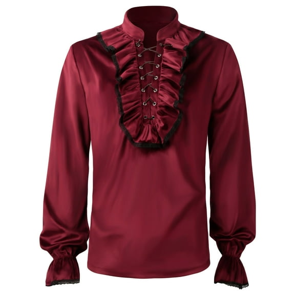 Medieval Shirt Men Long Sleeve Loose Fit Pirate Shirts Pullover Tees Ruffled Renaissance Shirts Steampunk Outfit Vintage Blouse Tops Lace V Neck Trumpet Sleeve Halloween Costumes