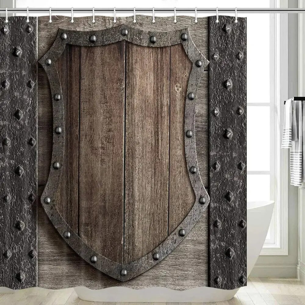 Medieval Shower Curtain Rustic Wood Shield on Medieval Castle Gate Bath