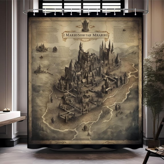 Medieval Shower Curtain,Vintage Style Middle Age Culture Heritage Old Map Countrie Castle and Kingdoms Geographical Locations Art Retro Design Graphic Curtain,12Hook 72x72Inch