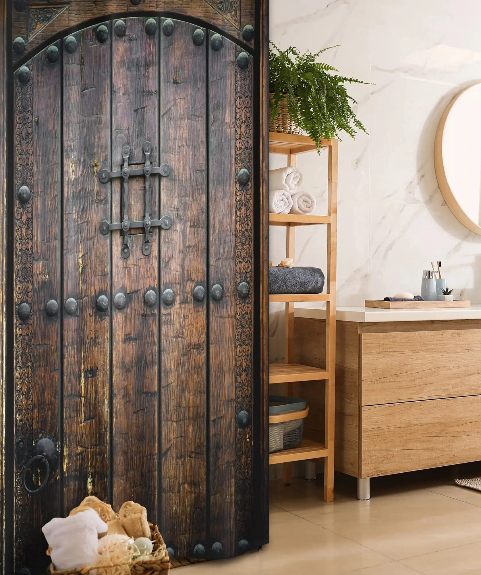 Medieval Shower Curtains Rustic Wood Shield on Medieval Castle Gate