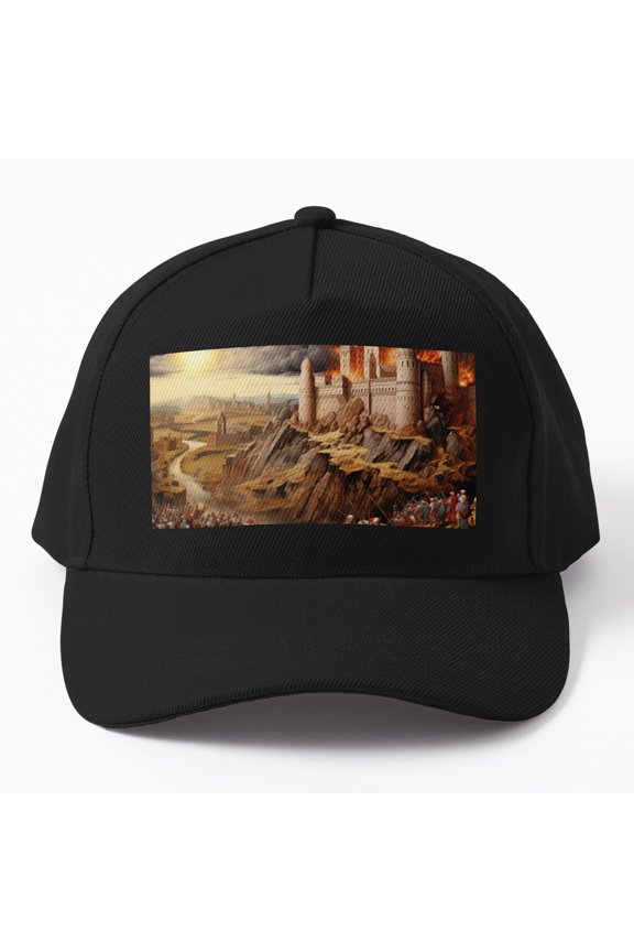 Medieval Siege of Dragons Keep Baseball Hat, Fantasy Castle Battle Graphic Design, Classic Cap