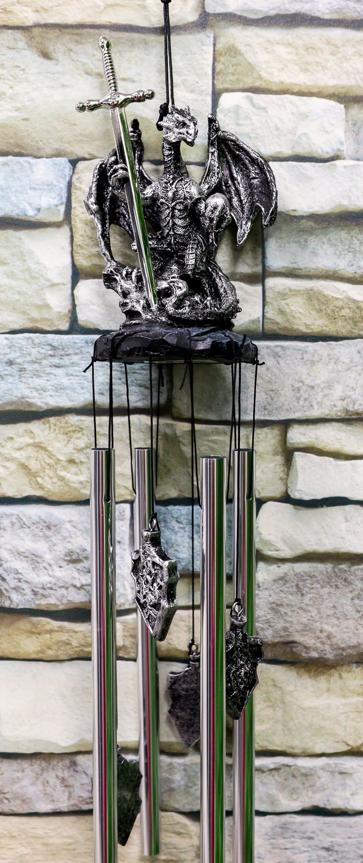 Medieval Silver Dragon Holding Excalibur Sword And Orb Figurine Wind Chime Decor