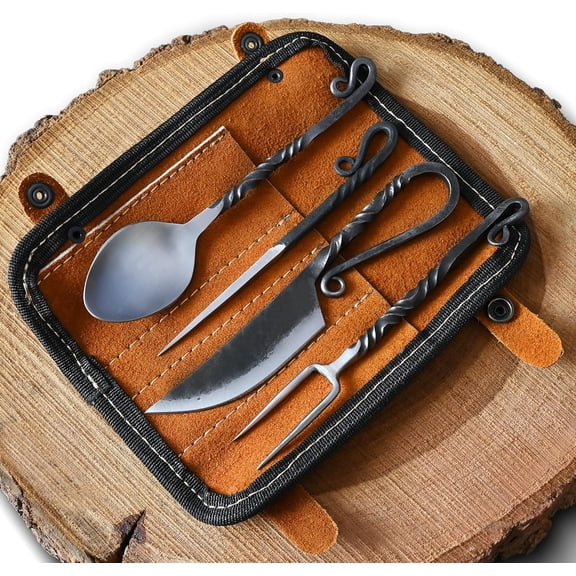 Medieval Silverware Set with Leather Cover - Hand Forged Medieval Cutlery Set - Viking Camping Utensils, Medieval Decor,Gifts - 4 Pcs Viking Utensils Set Fork Spoon and Knife Set (Half Black) (Silver