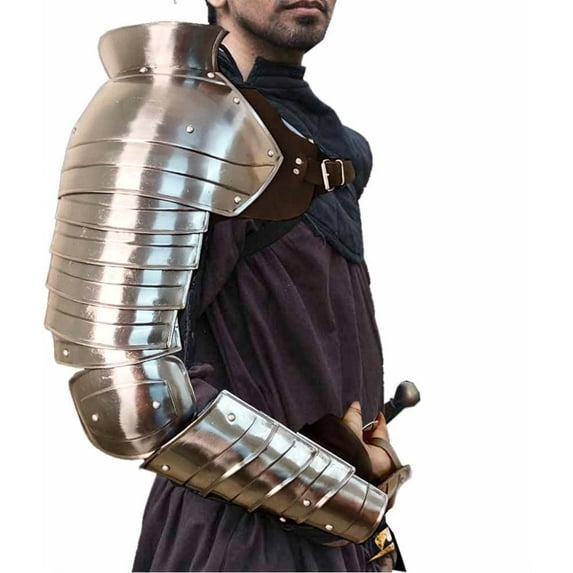 Medieval Single Pauldron Spartacus Cosplay Metal Roman Knight Sleeve Shoulder Arm Armor Gladiator LARP Silver Full Hand & Arm Sleeve Armour Single Arm Costume for Adult Men Halloween