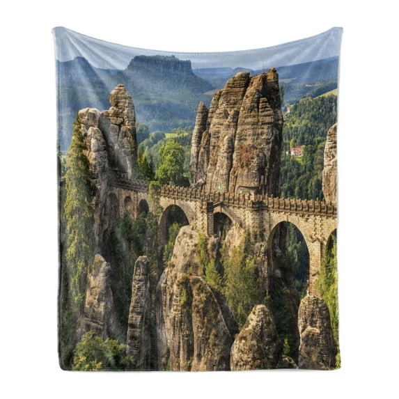 Medieval Soft Flannel Fleece Blanket, Famous Historical Bastion Bridge in Swiss Germany Middle Age Culture Heritage Art, Cozy Plush for Indoor and Outdoor Use, 50" x 70", Grey Green, by Ambesonne