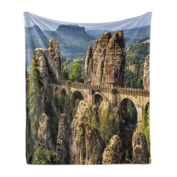 Medieval Soft Flannel Fleece Blanket, Famous Historical Bastion Bridge in Swiss Germany Middle Age Culture Heritage Art, Cozy Plush for Indoor and Outdoor Use, 60" x 80", Grey Green, by Ambesonne