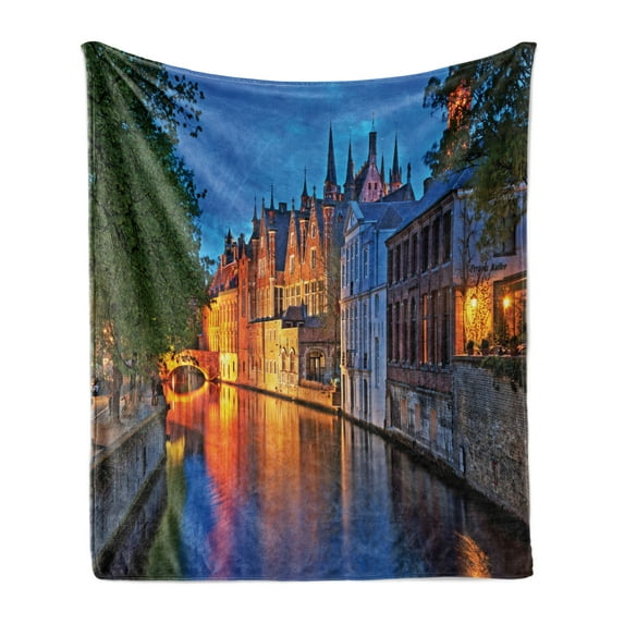 Medieval Soft Flannel Fleece Blanket, Night Shot of Middle Age Building Along the River Bruges Heritage Old Town Photo, Cozy Plush for Indoor and Outdoor Use, 50" x 60", Multicolor, by Ambesonne