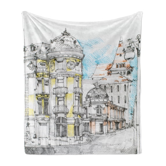 Medieval Soft Flannel Fleece Blanket, Pale Sketch Design of Middle Age Renaissance Building European Old Town Cityscape, Cozy Plush for Indoor and Outdoor Use, 50" x 70", Multicolor, by Ambesonne