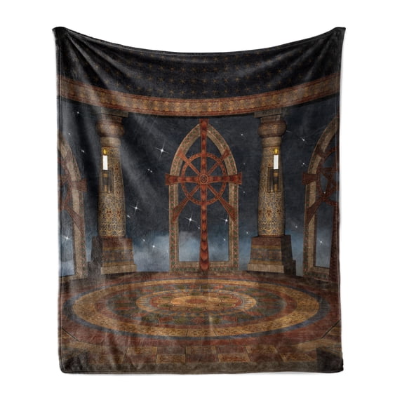 Medieval Soft Flannel Fleece Throw Blanket, Gothic Building in the Sky Large Terrace Fantasy Architectural Image Print, Cozy Plush for Indoor and Outdoor Use, 50" x 60", Dark Grey Brown, by Ambesonne
