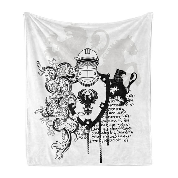 Medieval Soft Flannel Fleece Throw Blanket, Heraldic Gear Coat of Medieval Knight with Ornate Pattern the Past Old Times, Cozy Plush for Indoor and Outdoor Use, 50" x 70", Black White, by Ambesonne