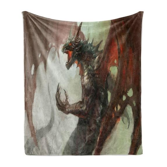 Medieval Soft Flannel Fleece Throw Blanket, Ilustration of Mythological Creature Dragon Imaginary Culture Animal Art, Cozy Plush for Indoor and Outdoor Use, 60" x 80", Grey Red, by Ambesonne