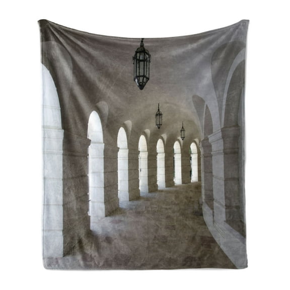 Medieval Soft Flannel Fleece Throw Blanket, Middle Ages Buildings Corridor Arches and Lanterns Architectural Classical Artwork, Cozy Plush for Indoor and Outdoor Use, 70" x 90", White, by Ambesonne