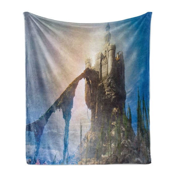 Medieval Soft Flannel Fleece Throw Blanket, Old Castle on the Hill Royal Stories of Middle Age Mist, Cozy Plush for Indoor and Outdoor Use, 60" x 80", Grey Blue, by Ambesonne