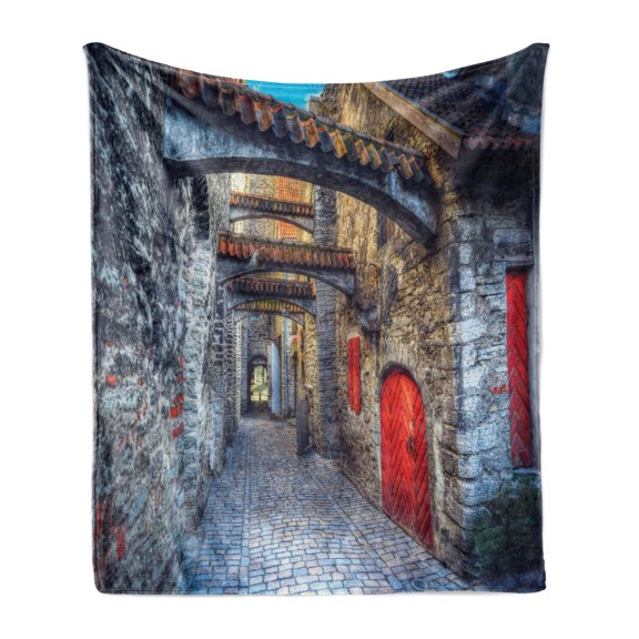 Medieval Soft Flannel Fleece Throw Blanket, Old Stone Street Passage Estonia Middle Ages Town Heritage Photo Art, Cozy Plush for Indoor and Outdoor Use, 50" x 60", Grey Red Brown, by Ambesonne