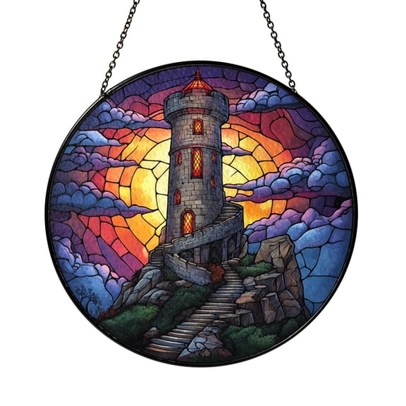 Medieval Stone Castle Landscape Stained Glass Style Window Art