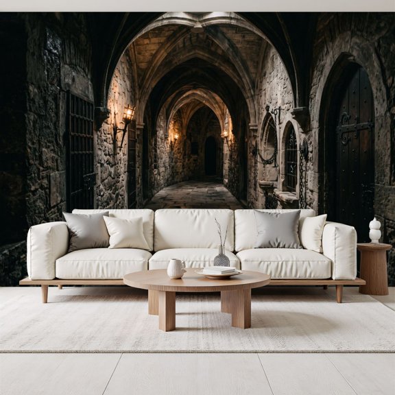 Medieval Stone Corridor Arched Ceiling Warm Lantern Light Peel and Stick Wall Murals 69"H x 96"W Removable PVC Wallpaper Self-Adhesive Wall Paintings for Bedroom Living Room