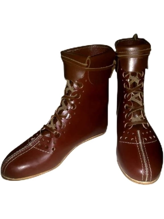 Medieval Style Leather Lace Boots | Brown Lace-Up Mid-Calf Boots | Historical Reenactment & LARP Cosplay Leather Footwear Pair-Size12