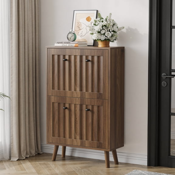 Medieval-Style Modern Shoe Cabinet for Narrow Hallway, Walnut 23.6-Inch Upright Shoe Storage with Vertical Grooved Finish, Space Saving Entryway Cabinet