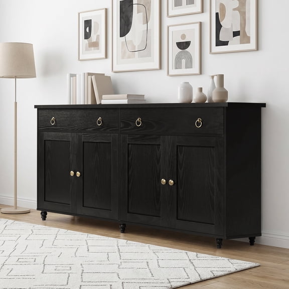 4 EVER WINNER 55'' Farmhouse Buffet Cabinet, kitchen cabinet with Storage, Large Storage Cabinet with 4 Doors &2 Drawers, Coffee Bar Cabinet with Adjustable Shelves for Kitchen, Dining Room, Black