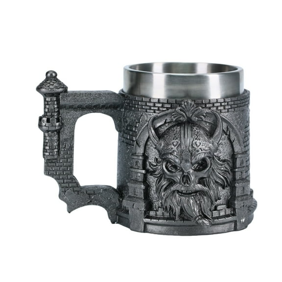 Medieval Style Stainless Steel Lined Mug with Sculpted Castle and Warrior Face Design for Beverages and Decor