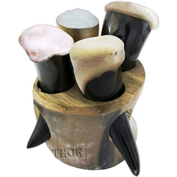 Medieval Style Viking Drinking Horn Mug Handcrafted Genuine Ox Horn Custom Horn Cups for Mead Gift For Men 4 Set Horn W/Stand Rustic Vintage Home Decor Gifts