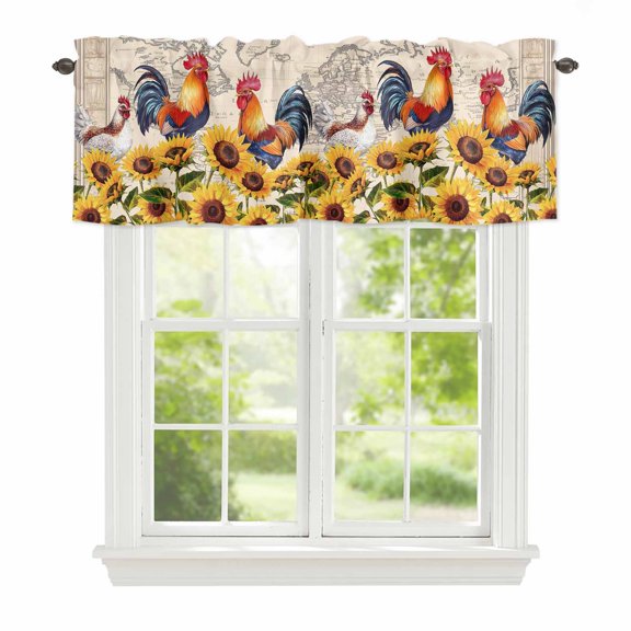 Medieval Sunflower Chicken Window Valance Curtain Vintage Map Rod Pocket Valance for Windows Short Curtain for Living Room, Bedroom & Kitchen Window Decor 42x12in