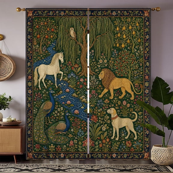 Medieval Tapestry Forest Animal Window Curtains Blackout Rod Pocket for Living Room Bedroom Nursery - 26" W x 84" L (Pack of 2)
