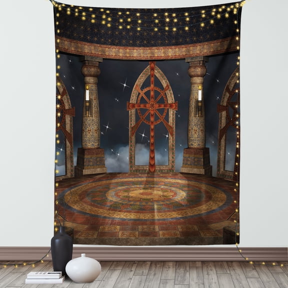Medieval Tapestry, Gothic Temple in the Sky Large Terrace Fantasy Architectural Image Print, Wall Hanging for Bedroom Living Room Dorm Decor, 40W X 60L Inches, Brown and Dark Grey, by Ambesonne