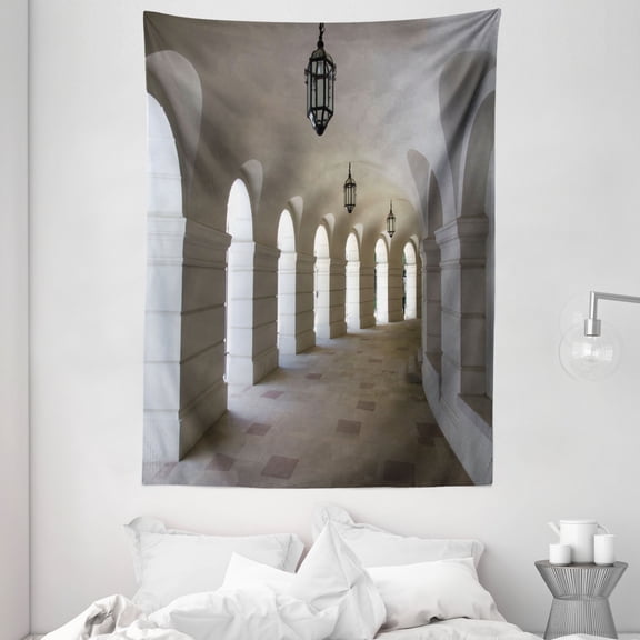 Medieval Tapestry, Medieval Buildings Corridor with Arches and Lanterns Architectural Classical Artwork, Wall Hanging for Bedroom Living Room Dorm Decor, White, by Ambesonne