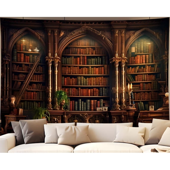 Medieval Tapestry Vintage Bookshelf Tapestry Wall Hanging Library Tapestries, Old Books for Decor Study Room Victorian Bedroom Living Room Large Bookcase Zoom Video Backdrop Background 90x70in