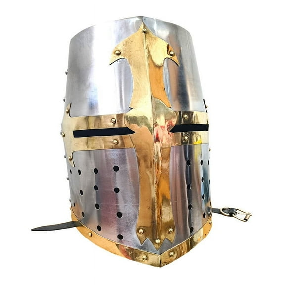 Medieval Templar Crusader Knight Helmet Mason's Brass Cross Helm with Inner Liner chin strap