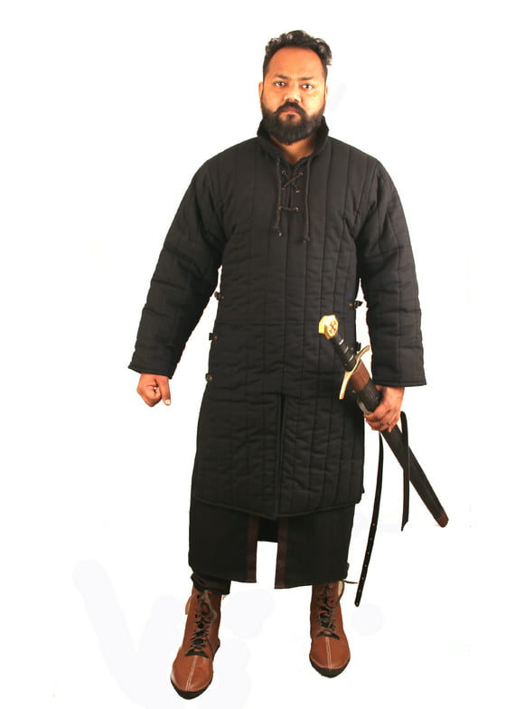 Medieval Thick Padded Full Sleeves Gambeson Coat Aketon Jacket Armor, Black Cotton Fabric - 2x-Large