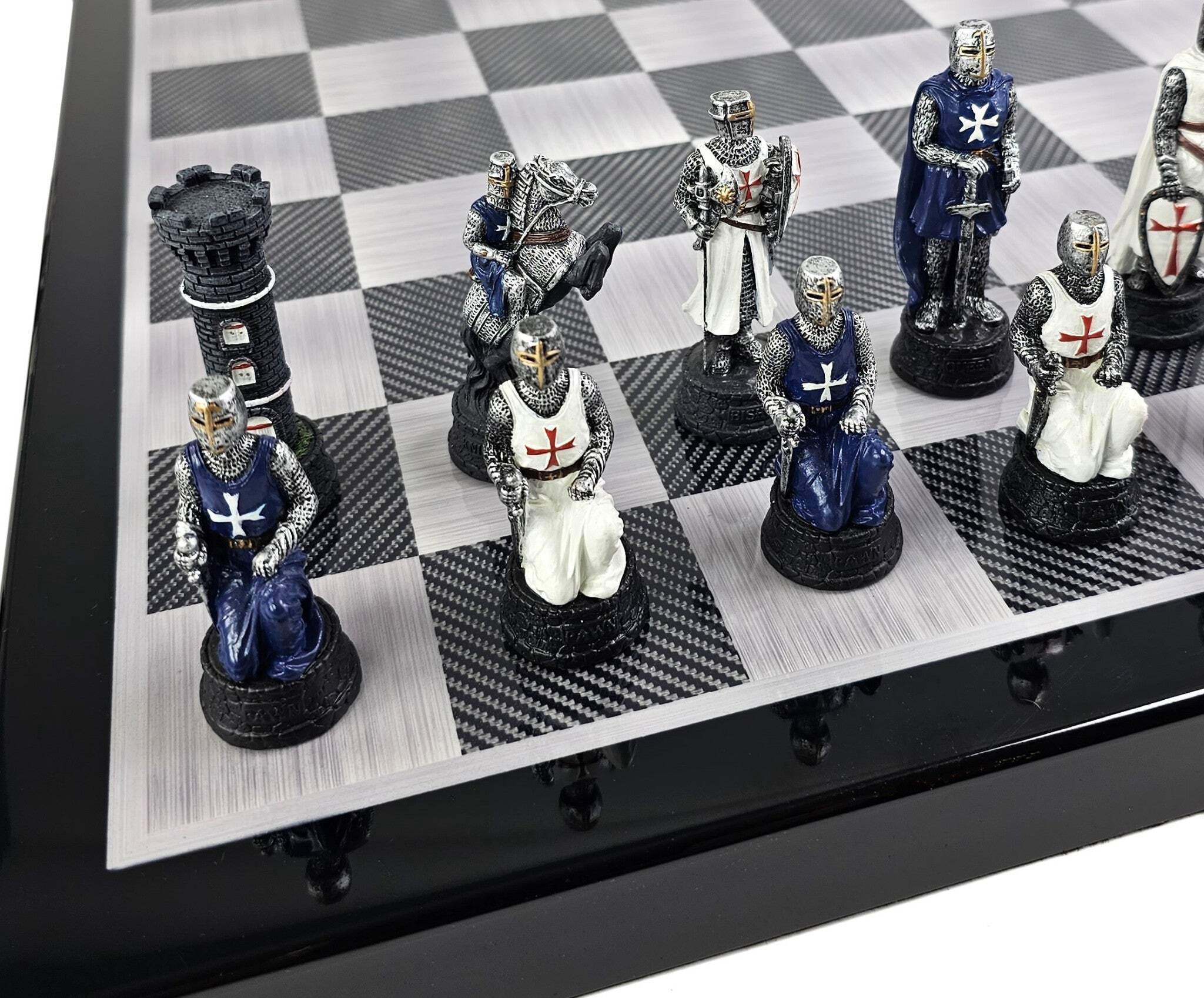 Medieval Times Crusade Blue White Maltese Cross Chess Set Carbon Fiber Color Bd