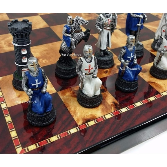 Medieval Times Crusade Blue White Maltese Knight Chess Set 18 Cherry Color Board