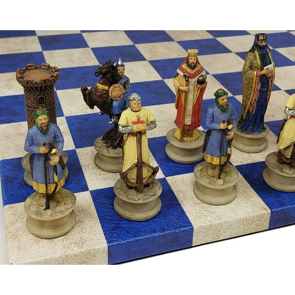 Medieval Times Crusades Arabian Vs Christian Chess Set 14.5 Blue Faux Leather Bd