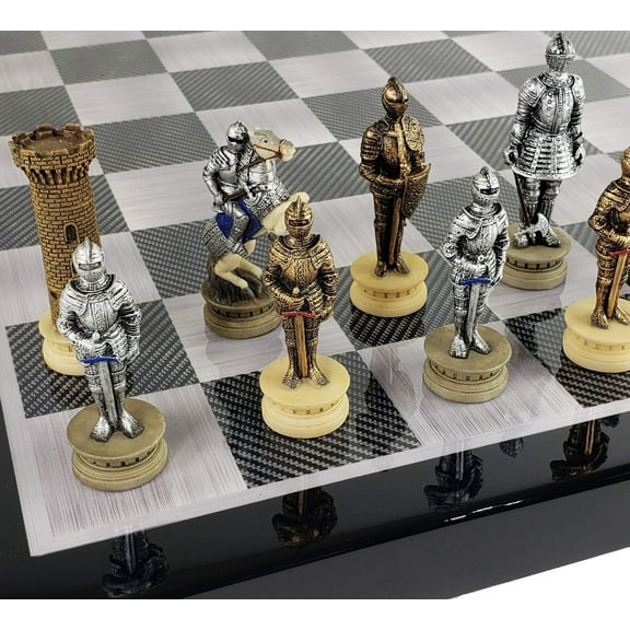 Medieval Times Crusades Armored Knight Chess Set Black Carbon Fiber Color Board