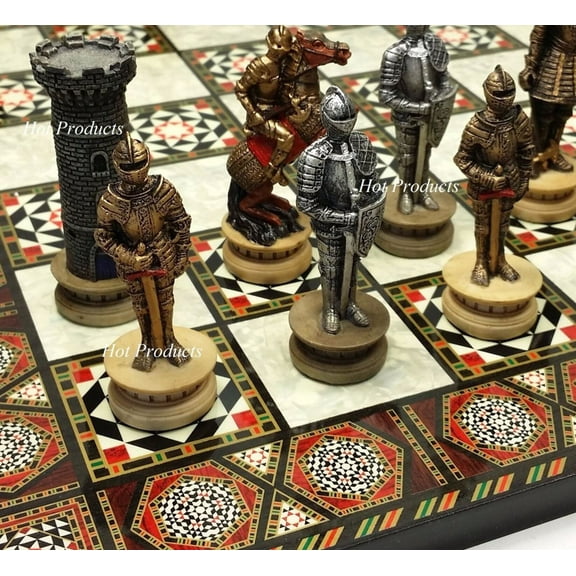 Medieval Times Crusades Armored Knight Chess Set W/ 17" Mosaic Color Board